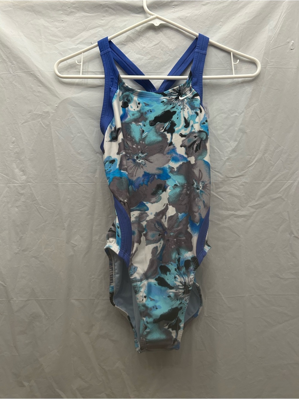 Nike Girls Blue & Grey Floral One-Piece Swimsuit with Royal Straps Sz 26/10 NWWT